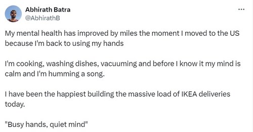 X post by a man on how his mental health improved after he moved to the US. (X/@AbhirathB) X post by a man on how his mental health improved after he moved to the US. (X/@AbhirathB)