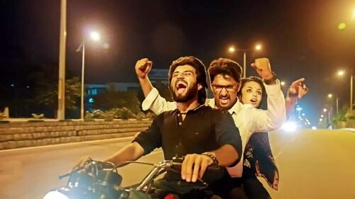 Vijay Deverakonda with Nani and Malvika Nair in Yevade Subramanyam. Vijay Deverakonda with Nani and Malvika Nair in Yevade Subramanyam.