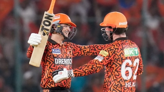 Sunrisers Hyderabad's openers Travis Head and Abhishek Sharma celebrate the team's victory against Lucknow Super Giants (IPL- X)