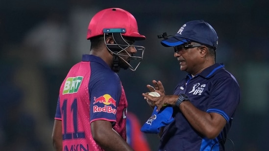 Sanju Samson talks to umpire after getting out during the Indian Premier League cricket match between Delhi Capitals and Rajasthan Royals (AP)