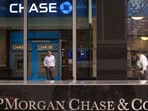 A customer exits the lobby of JPMorgan Chase & Co. headquarters in New York.