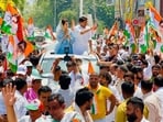 Congress candidate Deepender Singh Hooda was accompanied by his wife Hemsweta, his father, Haryana Congress chief Udai Bhan and Rohtak MLA BB Batra while filing the nomination papers in Haryana on Saturday. (Manoj Dhaka/HT)