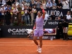 Spain's Rafael Nadal celebrates after beating Belgium's Zizou Bergs at the Italian Open tennis tournament, in Rome