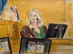Stormy Daniels testifies on the witness stand as a promotional image for one of her shows featuring an image of Trump is displayed on monitors in Manhattan criminal court, Thursday, May 9, 2024, in New York. (Elizabeth Williams via AP)