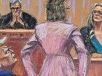 Former U.S. President Donald Trump watches as Stormy Daniels is questioned by defense attorney Susan Necheles during Trump's criminal trial on charges that he falsified business records to conceal money paid to silence porn star Stormy Daniels in 2016, in Manhattan state court in New York City, U.S., May 9, 2024 in this courtroom sketch. REUTERS/Jane Rosenberg