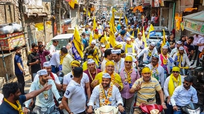 AAP candidate Kuldeep Kumar holds a bike rally, at Laxmi Nagar, in New Delhi. (PTI) AAP candidate Kuldeep Kumar holds a bike rally, at Laxmi Nagar, in New Delhi. (PTI)