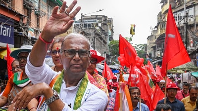 Congress candidate from North Kolkata constituency Pradip Bhattacharya during a roadshow, in Kolkata, West Bengal. (PTI) Congress candidate from North Kolkata constituency Pradip Bhattacharya during a roadshow, in Kolkata, West Bengal. (PTI)
