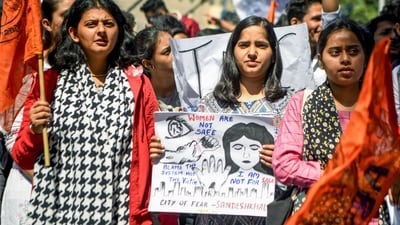 Akhil Bharatiya Vidyarthi Parishad (ABVP) supporters hold placards as they stage a protest against West Bengal CM Mamata Banerjee over the Sandeshkhali incident, in New Delhi. (ANI Photo) Akhil Bharatiya Vidyarthi Parishad (ABVP) supporters hold placards as they stage a protest against West Bengal CM Mamata Banerjee over the Sandeshkhali incident, in New Delhi. (ANI Photo)