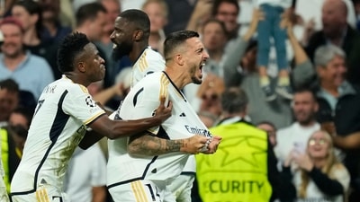 Real Madrid's Joselu, right, celebrates with his teammates after scoring his side's opening goal during the Champions League semifinal (AP) Real Madrid's Joselu, right, celebrates with his teammates after scoring his side's opening goal during the Champions League semifinal (AP)