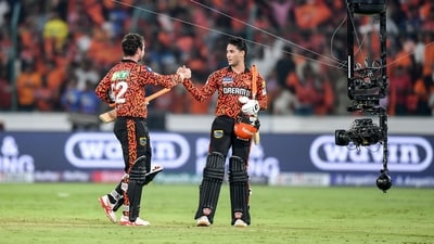 Sunrisers Hyderabad's Travis Head (L) and Abhishek Sharma celebrate their win against Lucknow Super Giants. (AFP)