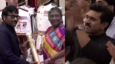 Chiranjeevi received the Padma Vibhushan on Thursday as Ram Charan cheered for him. Chiranjeevi received the Padma Vibhushan on Thursday as Ram Charan cheered for him.