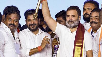 Congress leader Rahul Gandhi with Telangana CM Revanth Reddy and others during an election rally for the Lok Sabha polls in Hyderabad on Thursday. (PTI)
