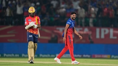 The wheels came off for PBKS after that. Mohammed Siraj finished things off in the 17th over and recorded figures of 3/43. (AP) The wheels came off for PBKS after that. Mohammed Siraj finished things off in the 17th over and recorded figures of 3/43. (AP)