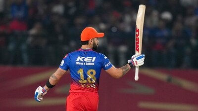 Kohli fell in the 18th over, having hit seven fours and six sixes. He would've scored his 100th century across formats had he made it to three figures. RCB were on 211 runs when he was dismissed. They eventually reached 241/7. (PTI) Kohli fell in the 18th over, having hit seven fours and six sixes. He would've scored his 100th century across formats had he made it to three figures. RCB were on 211 runs when he was dismissed. They eventually reached 241/7. (PTI)