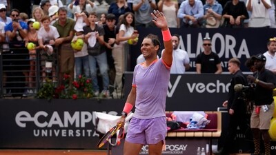 Spain's Rafael Nadal celebrates after beating Belgium's Zizou Bergs at the Italian Open tennis tournament, in Rome (AP) Spain's Rafael Nadal celebrates after beating Belgium's Zizou Bergs at the Italian Open tennis tournament, in Rome (AP)