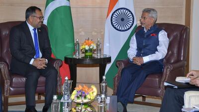 S Jaishankar met his visiting Maldivian counterpart Moosa Zameer in New Delhi on Thursday (Twitter/@MoosaZameer) S Jaishankar met his visiting Maldivian counterpart Moosa Zameer in New Delhi on Thursday (Twitter/@MoosaZameer)