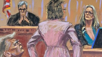 Former U.S. President Donald Trump watches as Stormy Daniels is questioned by defense attorney Susan Necheles during Trump's criminal trial on charges that he falsified business records to conceal money paid to silence porn star Stormy Daniels in 2016, in Manhattan state court in New York City, U.S., May 9, 2024 in this courtroom sketch. REUTERS/Jane Rosenberg (REUTERS)