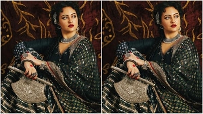 For her next look, Sonakshi got decked up in a dark green sharara ensemble that features a v-neck kurta with full sleeves. She paired it with sharara pants that were adored with intricate golden sequin work radiating glamour. With a matching dupatta with golden borders and polka dots, her outfit is a true work of art. (Instagram/@aslisona) For her next look, Sonakshi got decked up in a dark green sharara ensemble that features a v-neck kurta with full sleeves. She paired it with sharara pants that were adored with intricate golden sequin work radiating glamour. With a matching dupatta with golden borders and polka dots, her outfit is a true work of art. (Instagram/@aslisona)