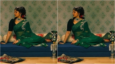 Her stunning saree comes in a captivating shade of dark green and features intricate sequin embroidery on the shoulders, She draped it elegantly around her with letting the pallu beautifully fall from shoulders. Paired with a black velvet v-neck blouse, she looks stunning. (Instagram/@aslisona) Her stunning saree comes in a captivating shade of dark green and features intricate sequin embroidery on the shoulders, She draped it elegantly around her with letting the pallu beautifully fall from shoulders. Paired with a black velvet v-neck blouse, she looks stunning. (Instagram/@aslisona)