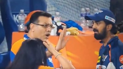 Sanjiv Goenka (L) didn't look too pleased as he talked to KL Rahul (X) Sanjiv Goenka (L) didn't look too pleased as he talked to KL Rahul (X)