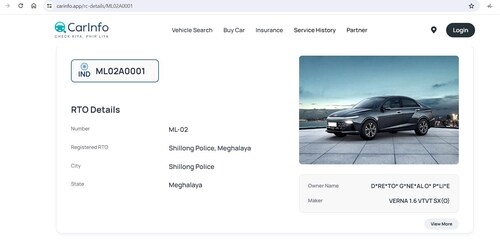Meghalaya DGP's KIA Carnival uses a registration number allotted to a Hyundai Verna (Screenshot)