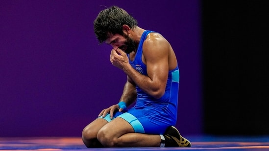 Bajrang Punia reacts during the 19th Asian Games, in Hangzhou (PTI)