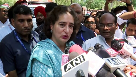 Congress General Secretary Priyanka Gandhi Vadra speaks to the media during an election campaign for the Lok Sabha Polls, in Raebareli on Thursday. (ANI)