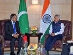 New Delhi, May 9 (ANI): External Affairs Minister S Jaishankar meets with Maldives Foreign Minister Moosa Zameer, in New Delhi on Thursday. (ANI Photo)
