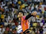Neeraj Chopra, of India, makes an attempt in the men's javelin throw during the Diamond League athletics meet at the Qatar Sports Club stadium in Doha