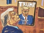 Former U.S. President Donald Trump sits next to an image of "Think Big", book by Bill Zanker and Donald Trump, during his criminal trial on charges that he falsified business records to conceal money paid to silence porn star Stormy Daniels in 2016, in Manhattan state court in New York City, U.S., May 9, 2024 in this courtroom sketch. REUTERS/Jane Rosenberg