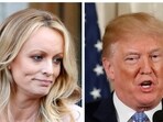 A combination photo shows adult film actress Stephanie Clifford, also known as Stormy Daniels, speaking in New York City, and US President Donald Trump speaking in Washington,