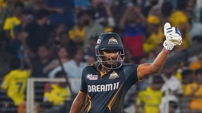 Sudharsan followed his skipper as he sent a length ball soaring over the fence to bring up his first-ever IPL hundred in style. Sudharsan (103 off 51 balls) matched skipper Gill (104 off 55 deliveries) stroke for stroke as the two openers notched up destructive centuries and equalled KL Rahul and Quinton de Kock's record for the highest opening stand in the history of the sport. (ANI) Sudharsan followed his skipper as he sent a length ball soaring over the fence to bring up his first-ever IPL hundred in style. Sudharsan (103 off 51 balls) matched skipper Gill (104 off 55 deliveries) stroke for stroke as the two openers notched up destructive centuries and equalled KL Rahul and Quinton de Kock's record for the highest opening stand in the history of the sport. (ANI)