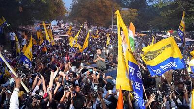Arvind Kejriwal addresses his supporters after his release from Tihar jail on Friday. (HT Photo)