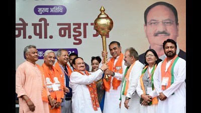 BJP national president Jagat Prakash Nadda with party candidate from Chandigarh Sanjay Tandon during a public meeting in Chandigarh on Friday. (Ravi Kumar/HT) BJP national president Jagat Prakash Nadda with party candidate from Chandigarh Sanjay Tandon during a public meeting in Chandigarh on Friday. (Ravi Kumar/HT)