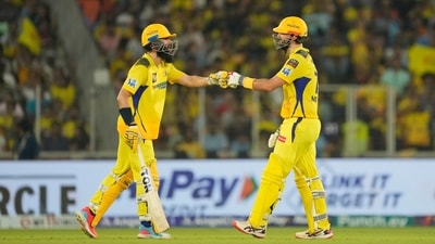 Mitchell and Moeen steadied the ship with some counter attacking play, stitching a 109-run partnership. The two targeted the Afghan spin duo of Rashid and Noor Ahmad. While Moeen clobbered three sixes on the trot off Noor in the 11th over, Mitchel hit a boundary and a six in the next over off Rashid to bring down the equation to 113 runs off the last 48 balls. But veteran Mohit Sharma (3/31) struck off his very first ball, dismissing Mitchell and then came back to take the scalps of Moeen and Shivam Dube (21). (AP) Mitchell and Moeen steadied the ship with some counter attacking play, stitching a 109-run partnership. The two targeted the Afghan spin duo of Rashid and Noor Ahmad. While Moeen clobbered three sixes on the trot off Noor in the 11th over, Mitchel hit a boundary and a six in the next over off Rashid to bring down the equation to 113 runs off the last 48 balls. But veteran Mohit Sharma (3/31) struck off his very first ball, dismissing Mitchell and then came back to take the scalps of Moeen and Shivam Dube (21). (AP)
