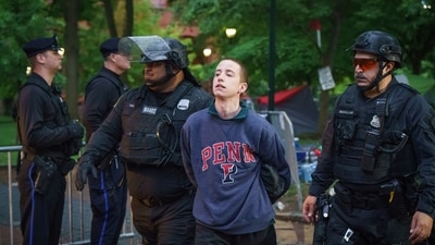 Police detain a protester on the University of Pennsylvania campus, in Philadelphia, on Friday, May 10, 2024. (Jessica Griffin/The Philadelphia Inquirer via AP) (AP) Police detain a protester on the University of Pennsylvania campus, in Philadelphia, on Friday, May 10, 2024. (Jessica Griffin/The Philadelphia Inquirer via AP) (AP)