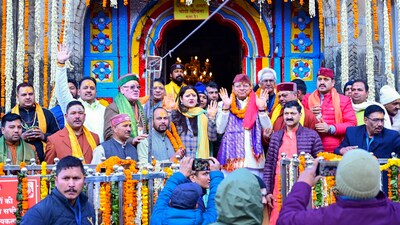 Chief Minister Pushkar Singh Dhami along with his wife Geeta was also present as the portals of Kedarnath opened for devotees. (PTI)
