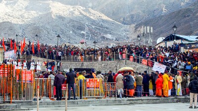 Devotees arrive to offer prayers at the Kedarnath Temple after its portals opened, marking the start of the 'Char Dham Yatra', in Rudraprayag district. (PTI)
