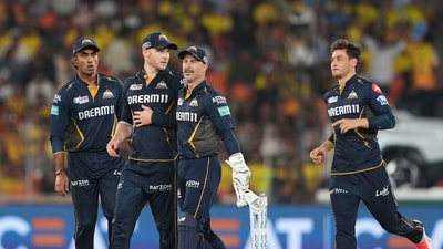 In contrast, the CSK openers were back in the hut with just two runs on the board. Their best batter this season, skipper Rituraj Gaikwad (0) was also sent packing with Rashid Khan completing a brilliant catch on the boundary with the defending champions reeling at 10/3. (PTI) In contrast, the CSK openers were back in the hut with just two runs on the board. Their best batter this season, skipper Rituraj Gaikwad (0) was also sent packing with Rashid Khan completing a brilliant catch on the boundary with the defending champions reeling at 10/3. (PTI)