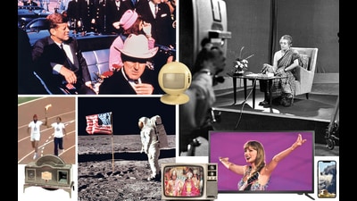 Spot iconic TV moments featuring the Kennedys, Indira Gandhi, the Asian Games, a lunar landing, the Ramayana series, Taylor Swift, the live-streamed bombardment of Gaza. And TV sets through the years. (Images: Science Museum Group Collection Online, DD, Getty Images, HT Archives, NASA) Spot iconic TV moments featuring the Kennedys, Indira Gandhi, the Asian Games, a lunar landing, the Ramayana series, Taylor Swift, the live-streamed bombardment of Gaza. And TV sets through the years. (Images: Science Museum Group Collection Online, DD, Getty Images, HT Archives, NASA)