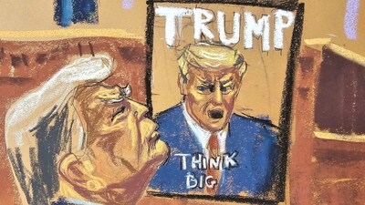 Former U.S. President Donald Trump sits next to an image of "Think Big", book by Bill Zanker and Donald Trump, during his criminal trial on charges that he falsified business records to conceal money paid to silence porn star Stormy Daniels in 2016, in Manhattan state court in New York City, U.S., May 9, 2024 in this courtroom sketch. REUTERS/Jane Rosenberg (REUTERS)
