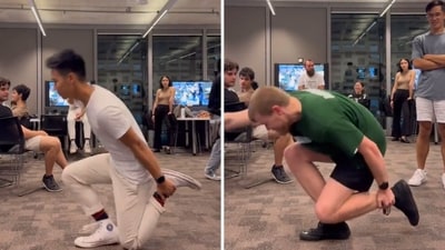 The image shows two people trying the viral shrimp challenge. (Screengrab) The image shows two people trying the viral shrimp challenge. (Screengrab)