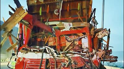 Wrecked remains of a truck, that hits two vehicles due to break failure on the Pune-Mumbai Pune expressway, in Bhor Ghat on Friday. (ANI)
