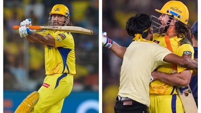 MS Dhoni hit two one-handed sixes and then hugged a fan who breached security to meet him MS Dhoni hit two one-handed sixes and then hugged a fan who breached security to meet him