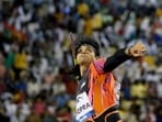 Neeraj Chopra, of India, makes an attempt in the men's javelin throw during the Diamond League athletics meet at the Qatar Sports Club stadium