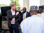Britain's Prince Harry, Duke of Sussex, gestures after his visit to the Kaduna State Government House in Kaduna, Nigeria, May 10, 2024. REUTERS/Marvellous Durowaiye