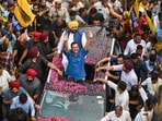 Delhi Chief Minister Arvind Kejriwal at a roadshow in Mehrauli with Punjab CM Bhagwant Mann, AAP candidate from South Delhi Sahiram Pehalwan -- on Saturday . (Photo by Raj K Raj/ Hindustan Times)