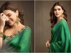 Kriti Sanon poses in a beautiful green silk saree and bustier blouse by 
Masaba Gupta. 