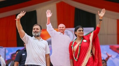Congress leader Rahul Gandhi with party leader Y.S. Sharmila during a public meeting in Kadapa, Andhra Pradesh. ( PTI ) Congress leader Rahul Gandhi with party leader Y.S. Sharmila during a public meeting in Kadapa, Andhra Pradesh. ( PTI )