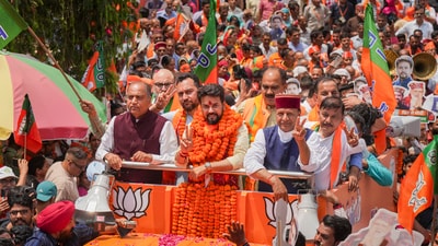 BJP candidate from Hamirpur constituency Anurag Thakur during his roadshow in Hamirpur, Himachal Pradesh. (PTI) BJP candidate from Hamirpur constituency Anurag Thakur during his roadshow in Hamirpur, Himachal Pradesh. (PTI)